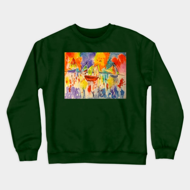 Colourful Sailing Boats at Sunset Crewneck Sweatshirt by Casimirasquirkyart